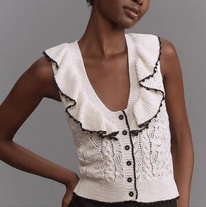 Anthropologie White Ruffled Sleeveless Sweater Top